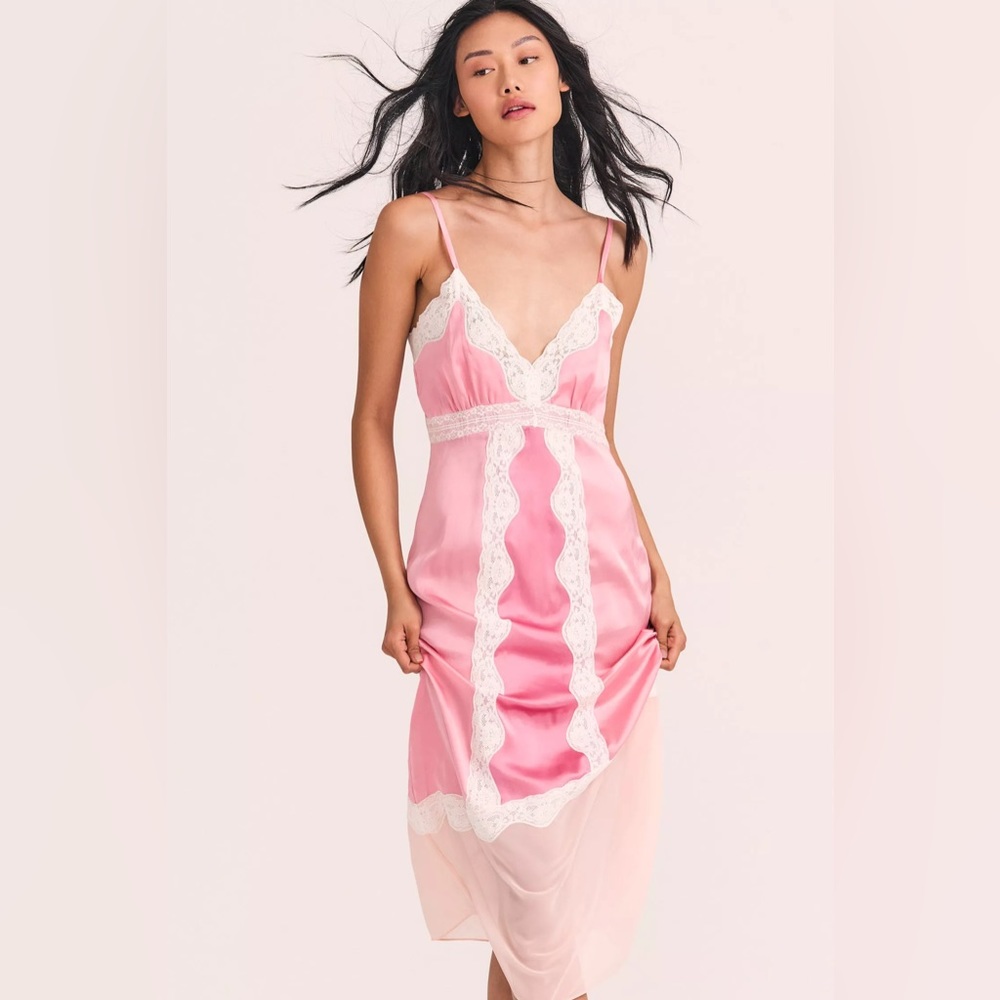 NWT LoveShackFancy Josette Midi dress in pastel pink colorblock - Picture 3 of 15